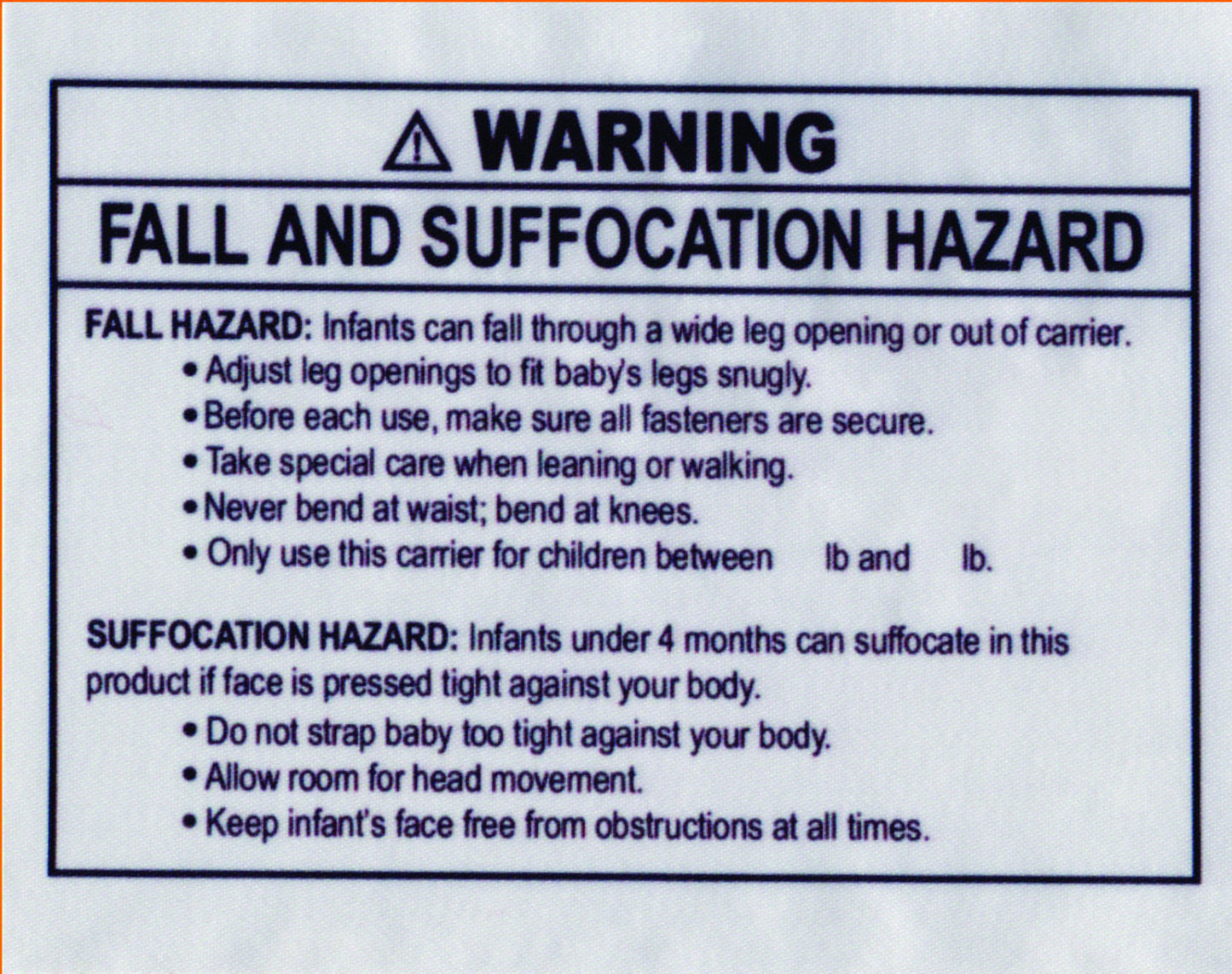 ASTM Sling Warning Labels, Soft Infant Carrier Labels, Fall And Suffocation Labels, CPSIA Labels - Custom Couture Label Company