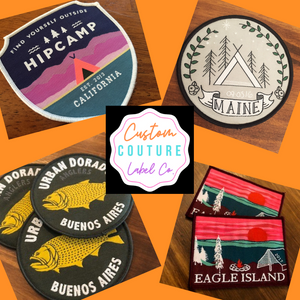 examples of woven iron on patches by Custom Couture Label Co