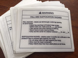 Example of ASTM Sling Warning Labels, Soft Infant Carrier Labels, Fall And Suffocation Labels, CPSIA Labels