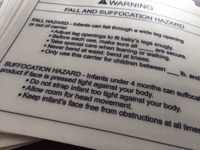 ASTM Sling Warning Labels, Soft Infant Carrier Labels, Fall And Suffocation Labels, CPSIA Labels - Custom Couture Label Company