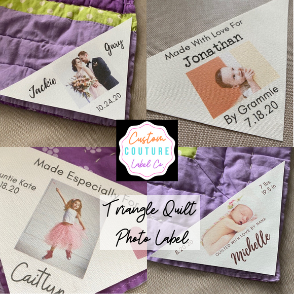 triangle photo quilt labels by Custom Couture Label Co